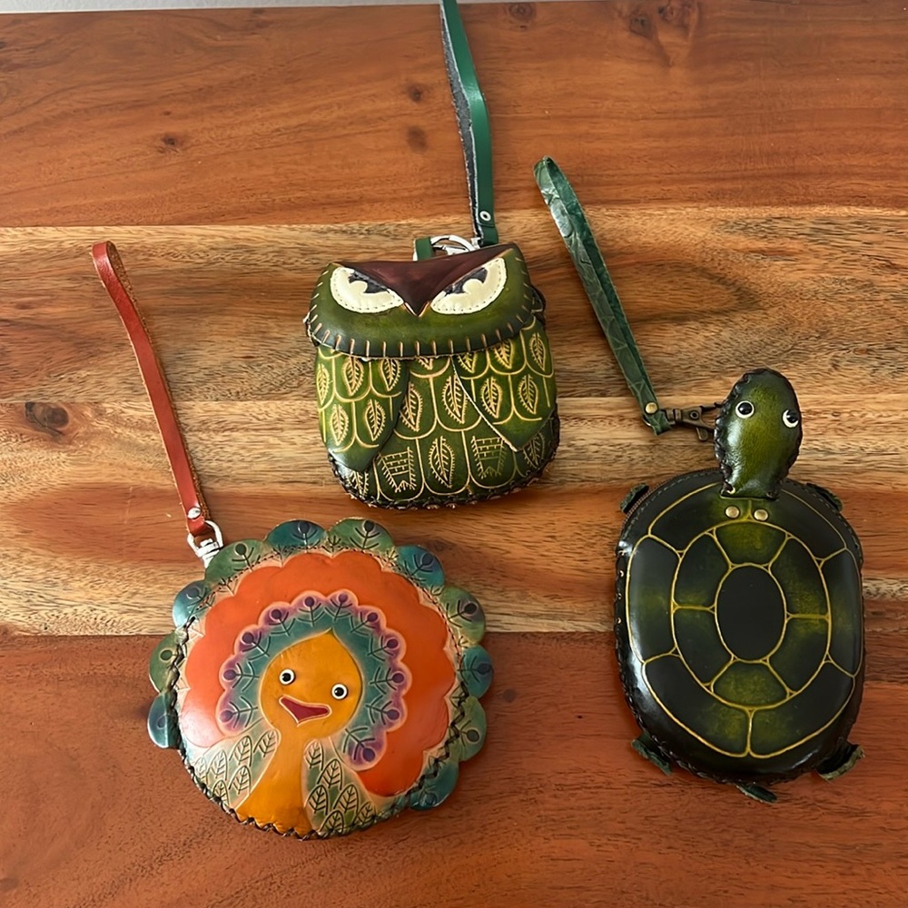 Lot of 3 Turtle, Owl, and Peacock Leather Boho Coin Purses.